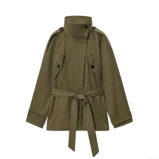 Women's Army Green Short Trench Coat Stand Collar Long Sleeve Jacket With Belt And Pockets Streetwear Style Casual Windbreaker For Fall