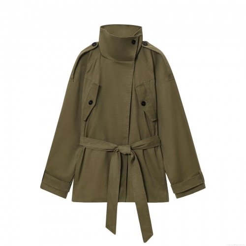 Women's Army Green Short Trench Coat Stand Collar Long Sleeve Jacket With Belt And Pockets Streetwear Style Casual Windbreaker For Fall