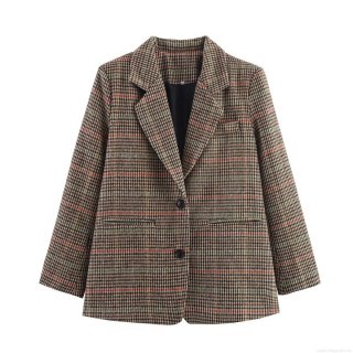 Women's Houndstooth Plaid Blazer Jacket Vintage Single Breasted Two Button Polyester Tweed Coat For Office Streetwear Fall Winter Fashion