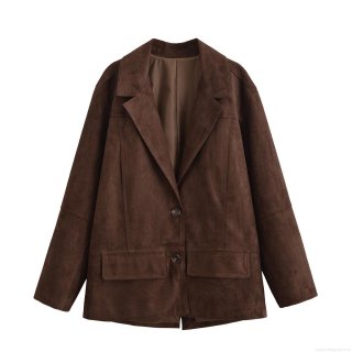 Women's Vintage Faux Suede Blazer Jacket Long Sleeve Single Breasted Mid-Length Coat With Pockets Autumn Winter Casual Streetwear Outwear
