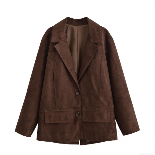 Women's Vintage Faux Suede Blazer Jacket Long Sleeve Single Breasted Mid-Length Coat With Pockets Autumn Winter Casual Streetwear Outwear