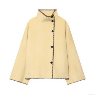 Women High Neck Single Breasted Long Sleeve Woolen Feel Jacket Loose Contrast Whipstitch Autumn Winter Outerwear Fashion Casual Coat