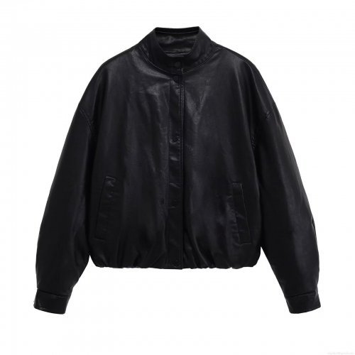 Women's Casual PU Leather Jacket Stand Collar Single Breasted Long Sleeve Faux Leather Button Front Coat For Streetwear Daily Wear Western Style