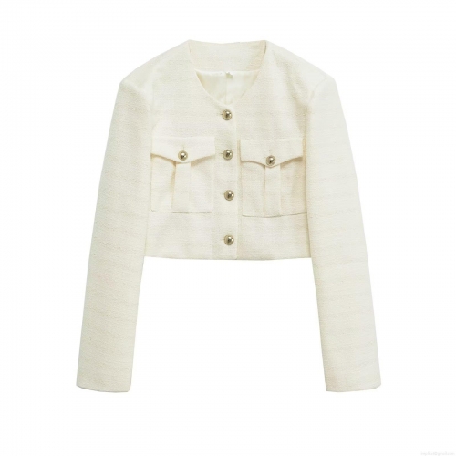 Women Elegant Chanel Style Tweed Short Jacket Round Neck Gold Button Long Sleeve Outerwear Solid White Pocket Streetwear Coat