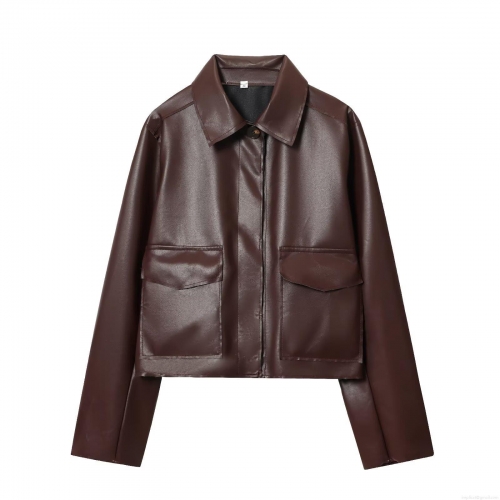 Women's Casual PU Faux Leather Jacket Lapel Solid Color Long Sleeve Outerwear With Pockets Autumn Streetwear Fashion Coat