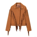Women's Faux Suede Fringe Jacket Tassel Zip Up Baseball Coat With Belt Western Style Wide Shoulder Short Outerwear For Autumn Casual Streetwear