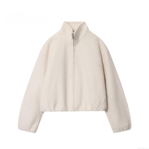 Women's Casual Loose Fleece Jacket Solid Color Stand Collar Zipper Sherpa Baseball Outerwear Autumn Winter Streetwear Coat