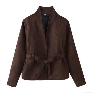 Women's Faux Suede Belted Jacket Lapel Collar Slim Fit Waist Tie Short Trench Coat Streetwear Autumn Winter Outerwear For Women