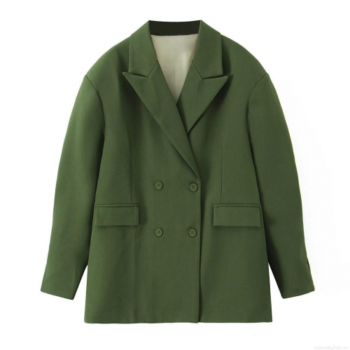 Women Double Breasted Blazer Long Sleeve Solid Color Pocket Lapel Suit Jacket Casual Office Streetwear Polyester Outerwear