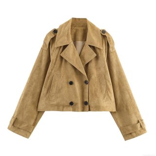 Women Short Trench Coat Faux Suede Double Breasted Lapel Long Sleeve Jacket With Epaulettes Autumn Casual Streetwear Khaki Windbreaker