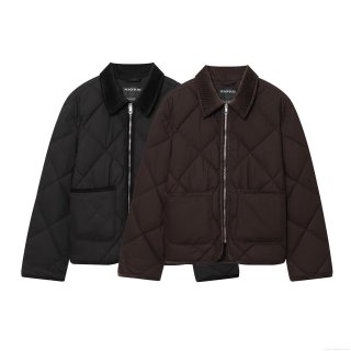 Women's Quilted Jacket With Corduroy Collar Vintage Diamond Pattern Zip Up Coat With Pockets Casual Streetwear Outerwear For Autumn Winter