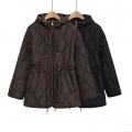 Women's Quilted Hooded Puffer Jacket Drawstring Waist Mid-length Polyester Padded Coat Long Sleeve Windproof Outerwear Solid Streetwear Jacket