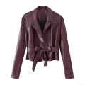 Fashion Women Wine Red PU Leather Jacket Suit Collar Slim Waist Lace-up Bow Detail Short Outerwear Long Sleeve Autumn Streetwear Coat