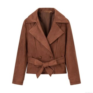 Women's Suede Jacket Double Breasted Lapel Collar Long Sleeve Short Coat With Belt Casual Autumn Streetwear Ladies Outwear