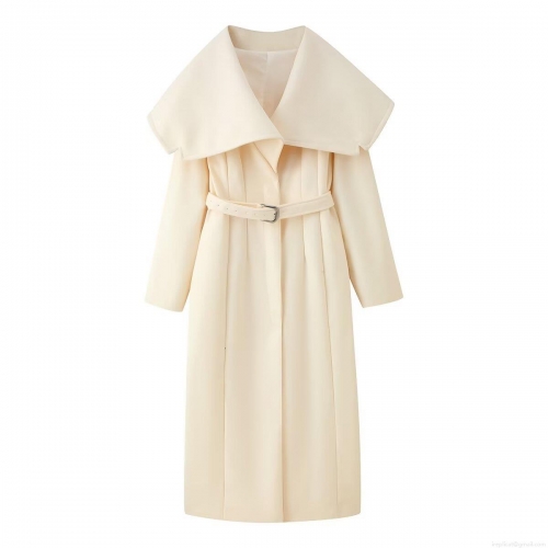 Women's Long Woolen Coat Elegant Lapel Collar Belted Waist Overcoat Thick Warm Polyester Outerwear Streetwear Winter Jacket for Women