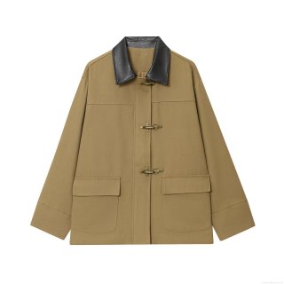 Women's Mid-Length Patchwork Jacket Coat With PU Leather Collar Metal Hook Buckle Retro Loose Fit Utility Workwear For Autumn Winter Streetwear