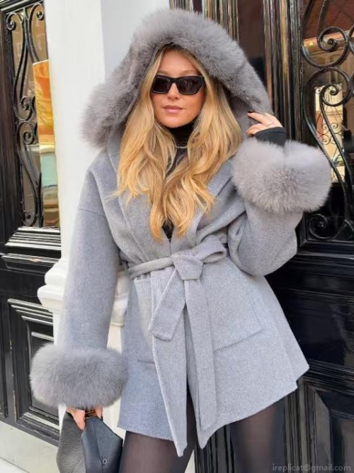 Women's Hooded Woolen Coat With Faux Fur Collar Grey Mid-Length Belted Cape Jacket Elegant Winter Warm Outerwear Overcoat