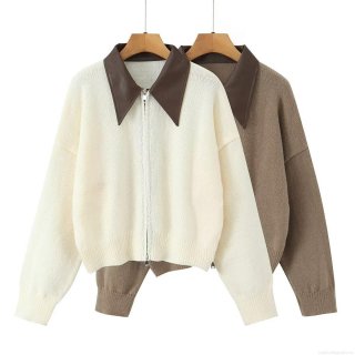 Women's Knit Cardigan Jacket Polyester Knit With PU Leather Patchwork Collar Zip Up Long Sleeve Ribbed Cuffs Loose Fit Casual Streetwear Commute Outwear Western Style Minimalist Chic Women Ladies