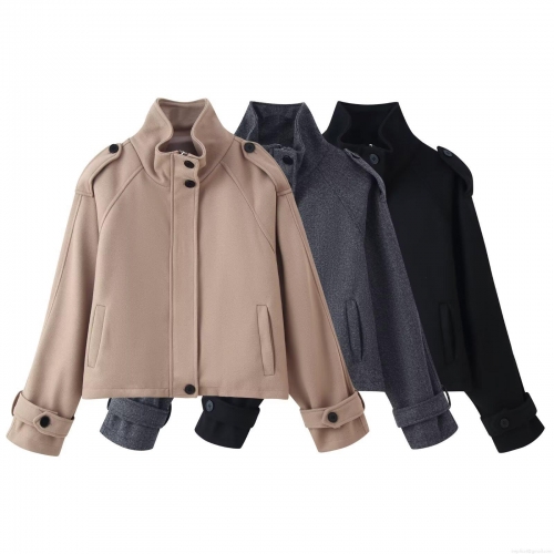 Women's Short Woolen Jacket Stand Collar Single Breasted Coat With Epaulets Solid Color Autumn Winter Streetwear Casual Outwear