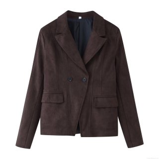 Women's Slim Suede Double-Breasted Lapel Jacket Autumn Solid Color Casual Blazer Coat Streetwear Office Lady Short Outwear