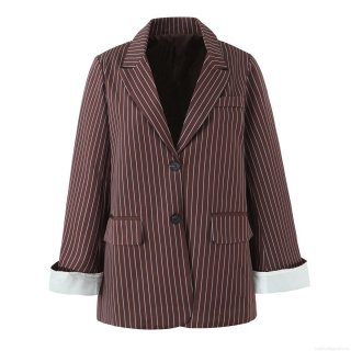 Women's Notched Lapel Striped Blazer Jacket Long Sleeve Two Button Pinstripe Suit Outerwear with Contrast White Cuffs For Office Lady Casual Fall Fashion