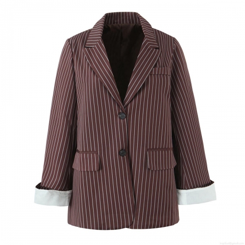 Women's Notched Lapel Striped Blazer Jacket Long Sleeve Two Button Pinstripe Suit Outerwear with Contrast White Cuffs For Office Lady Casual Fall Fashion