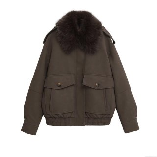 Women's Faux Leather Bomber Jacket With Faux Fur Collar Oversized Pockets Zipper Loose Fit Autumn Winter Warm Streetwear Outwear Coat