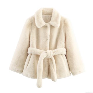 Women's Faux Fur Coat Cream Lapel Belted Mid-Length Jacket Winter Warm Outwear Solid Color Fashion Plush Overcoat With Belt
