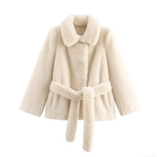 Women's Luxury Faux Fur Jacket Winter Lapel Long Sleeve Belted Waist Coat Elegant Solid Warm Outwear Streetwear Overcoat For Lady