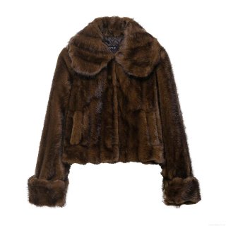 Women's Faux Fur Jacket Winter Warm Lapel Single Breasted Short Coat Streetwear Solid Color Brown Polyester Outerwear For Ladies Fashion