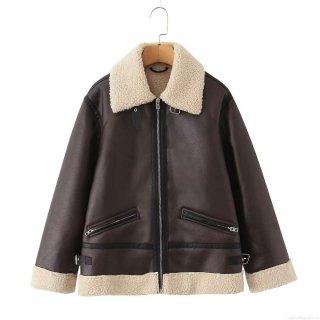 Women's Faux Shearling Leather Jacket PU Leather Polyester Fleece Lined Warm Windproof Daily Winter Outdoor Streetwear Casual Oversized Lapel Zip Up Coat