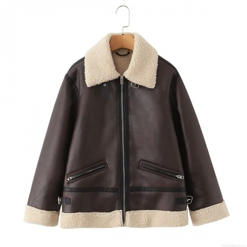Women's Faux Shearling Leather Jacket PU Leather Polyester Fleece Lined Warm Windproof Daily Winter Outdoor Streetwear Casual Oversized Lapel Zip Up Coat