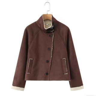 Women's Western Style Faux Suede Jacket With Lamb Wool Lining Stand Collar Buckle Short Coat Autumn Winter Street Warm Outerwear