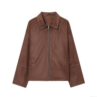 Women Fashion Faux Suede Jacket Vintage Contrast Stitching Lapel Long Sleeve Zipper Outerwear Casual Streetwear Loose Coat For Autumn Winter