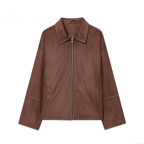 Women Fashion Faux Suede Jacket Vintage Contrast Stitching Lapel Long Sleeve Zipper Outerwear Casual Streetwear Loose Coat For Autumn Winter