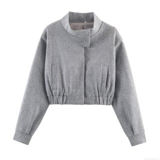 Women's Gray Short Woolen Like Jacket Stand Collar Long Sleeve Loose Fit Casual Button Up Outerwear Coat For Autumn Streetwear Fashion
