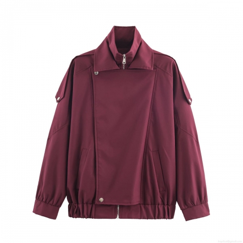Women's Asymmetric Stand Collar Baseball Jacket 100% Polyester Long Sleeve Zipper Loose Fit Casual Streetwear Bomber Jacket Solid Color Wine Red Outerwear