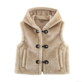 Women's Hooded Faux Fur Vest With Leather Metal Buckles Sleeveless Khaki Warm Plush Waistcoat Casual Street Style Winter Outerwear Ladies