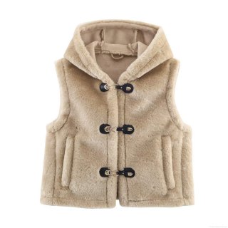 Women's Hooded Faux Fur Vest With Leather Metal Buckles Sleeveless Khaki Warm Plush Waistcoat Casual Street Style Winter Outerwear Ladies