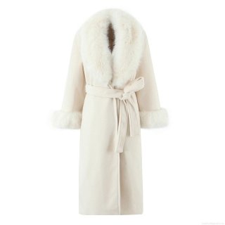 Elegant Women's Long Woolen Coat With Faux Fur Collar And Cuffs Warm Winter Overcoat With Belt Solid Color Polyester Outerwear For Women Streetwear Style