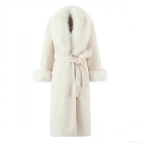 Elegant Women's Long Woolen Coat With Faux Fur Collar And Cuffs Warm Winter Overcoat With Belt Solid Color Polyester Outerwear For Women Streetwear Style