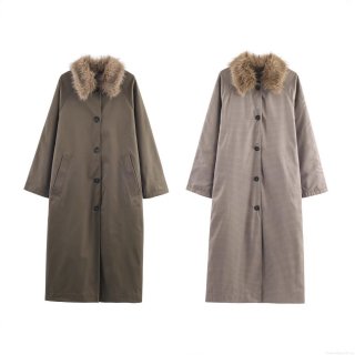 Women's Double Sided Long Trench Coat With Faux Fur Collar Autumn Winter Plaid Windbreaker Jacket Outerwear Casual Streetwear