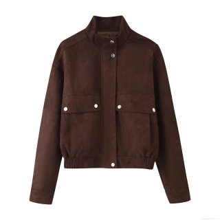 Women's Faux Suede Bomber Jacket Solid Color Stand Collar Loose Casual Outwear With Cargo Pockets And Silver Buttons Fashion Streetwear Fall Winter Coat For Women
