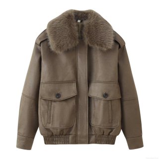 Women's Vintage Faux Leather Jacket With Detachable Faux Fur Collar Loose Fit Streetwear Bomber Jacket Warm Autumn Winter Zipper Up Coat For Women