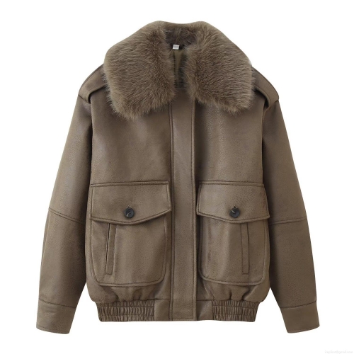 Women's Vintage Faux Leather Jacket With Detachable Faux Fur Collar Loose Fit Streetwear Bomber Jacket Warm Autumn Winter Zipper Up Coat For Women