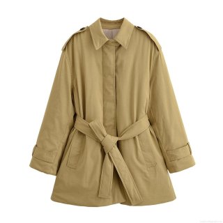 Women Winter Padded Trench Coat Khaki Polyester Twill Belted Waist Slimming Outerwear Solid Color Lapel Windproof Warm Jacket For Women