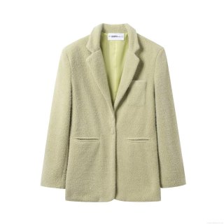 Women Green Textured Blazer Jacket 100% Polyester Fleece Long Sleeve Notch Lapel Single Breasted Loose Coat Autumn Winter Office Outerwear