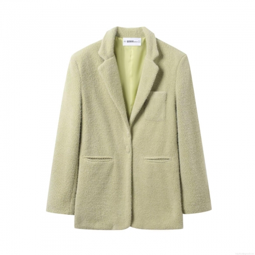 Women Green Textured Blazer Jacket 100% Polyester Fleece Long Sleeve Notch Lapel Single Breasted Loose Coat Autumn Winter Office Outerwear