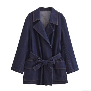 Women's Deep Blue Denim Trench Coat 100% Cotton Long Sleeve Waist-Tie Belted Lapel Windbreaker With Contrast Stitching Pockets For Autumn Winter Streetwear