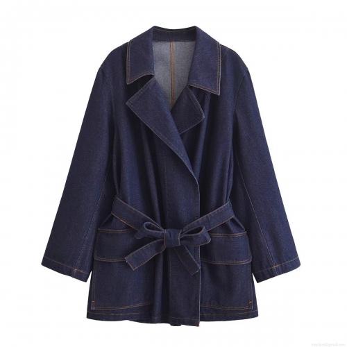 Women's Deep Blue Denim Trench Coat 100% Cotton Long Sleeve Waist-Tie Belted Lapel Windbreaker With Contrast Stitching Pockets For Autumn Winter Streetwear